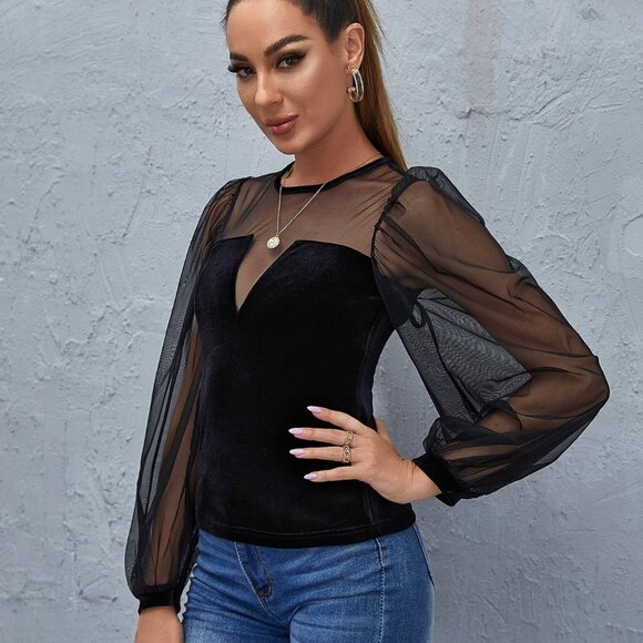 Black Preppy Womens Keyhole Back Mesh Lantern Sleeve Top - Picture 3 of 5